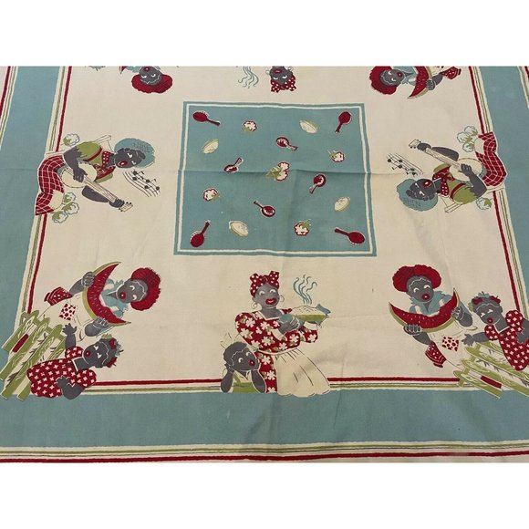 Vintage Cotton Linen Tablecloth Black Americana 48" x 52" 1939s - 1950s - Picture 2 of 11